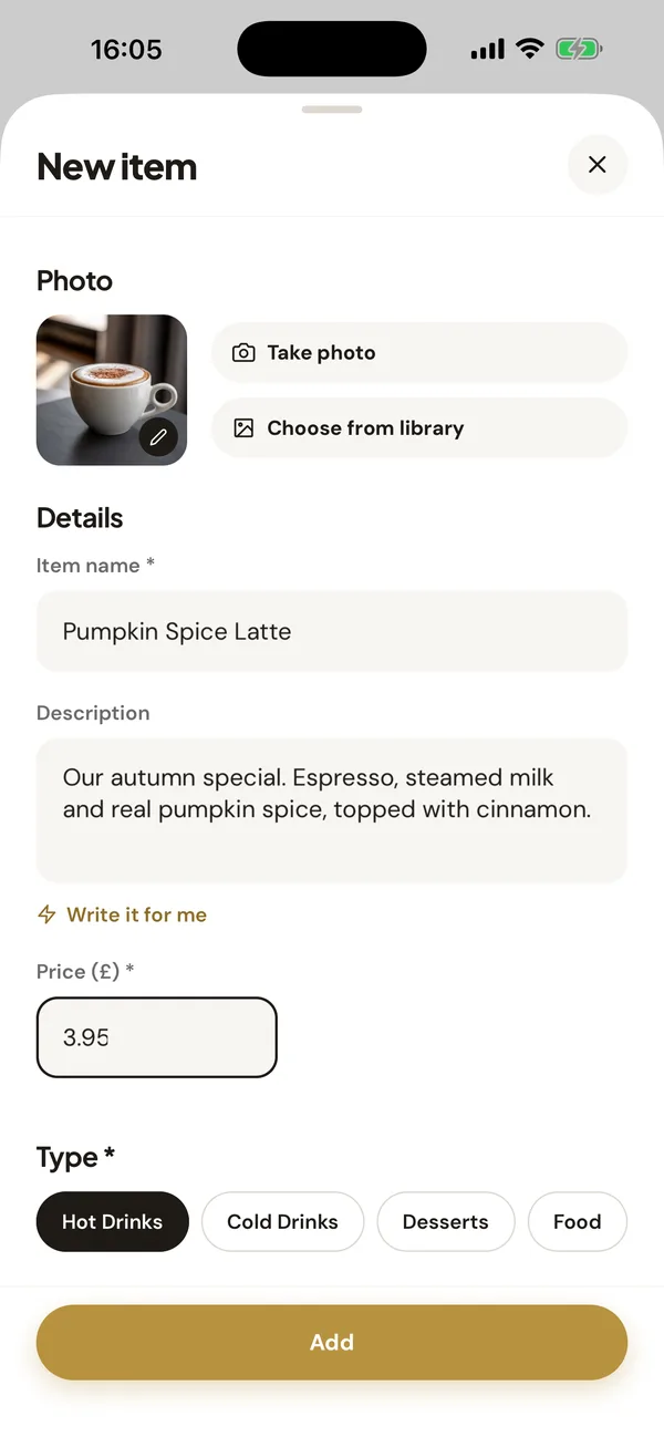 Owner app new item form filled in for a Pumpkin Spice Latte at £3.95 with a photo, in Hot Drinks