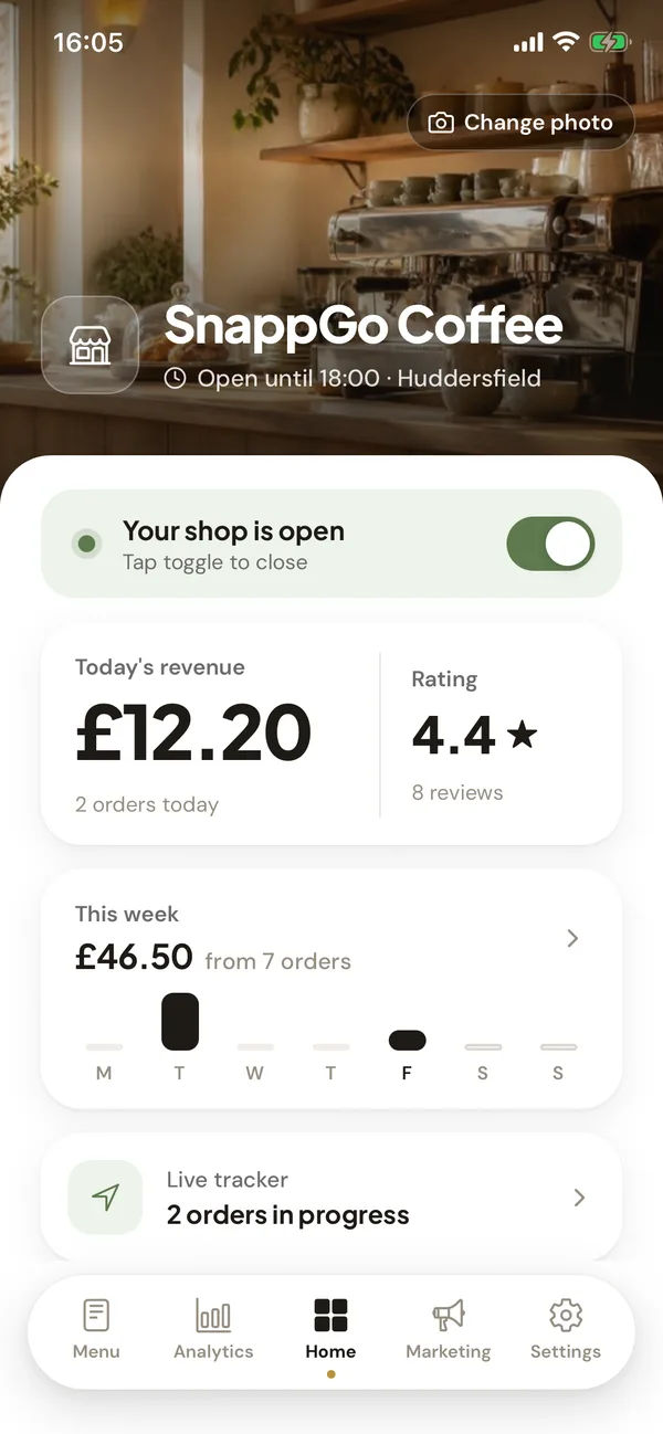 Owner app home: shop open toggle, today's revenue £12.20 from 2 orders, rating 4.4 from 8 reviews, this week £46.50 from 7 orders