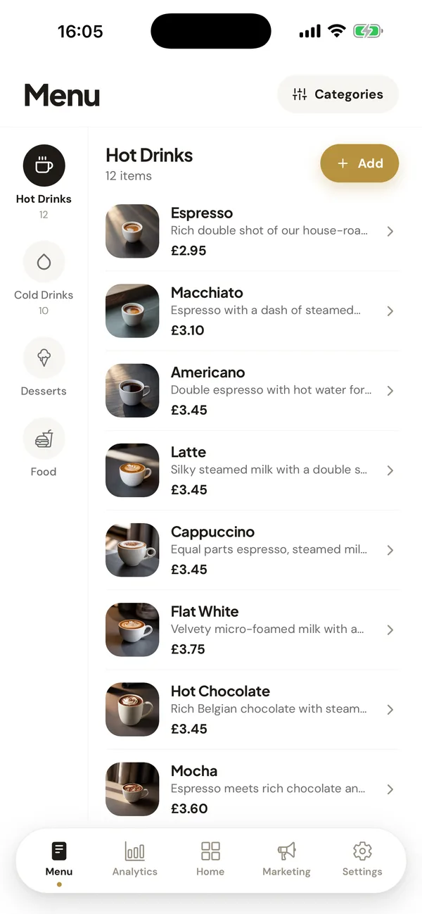 Owner app menu: Hot Drinks with 12 items, including Espresso £2.95, Macchiato £3.10 and Latte £3.45