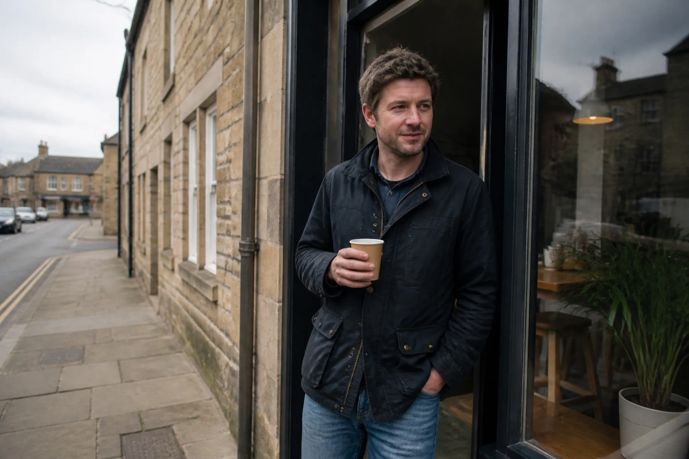 A customer standing in a café doorway on a stone-built high street with his coffee