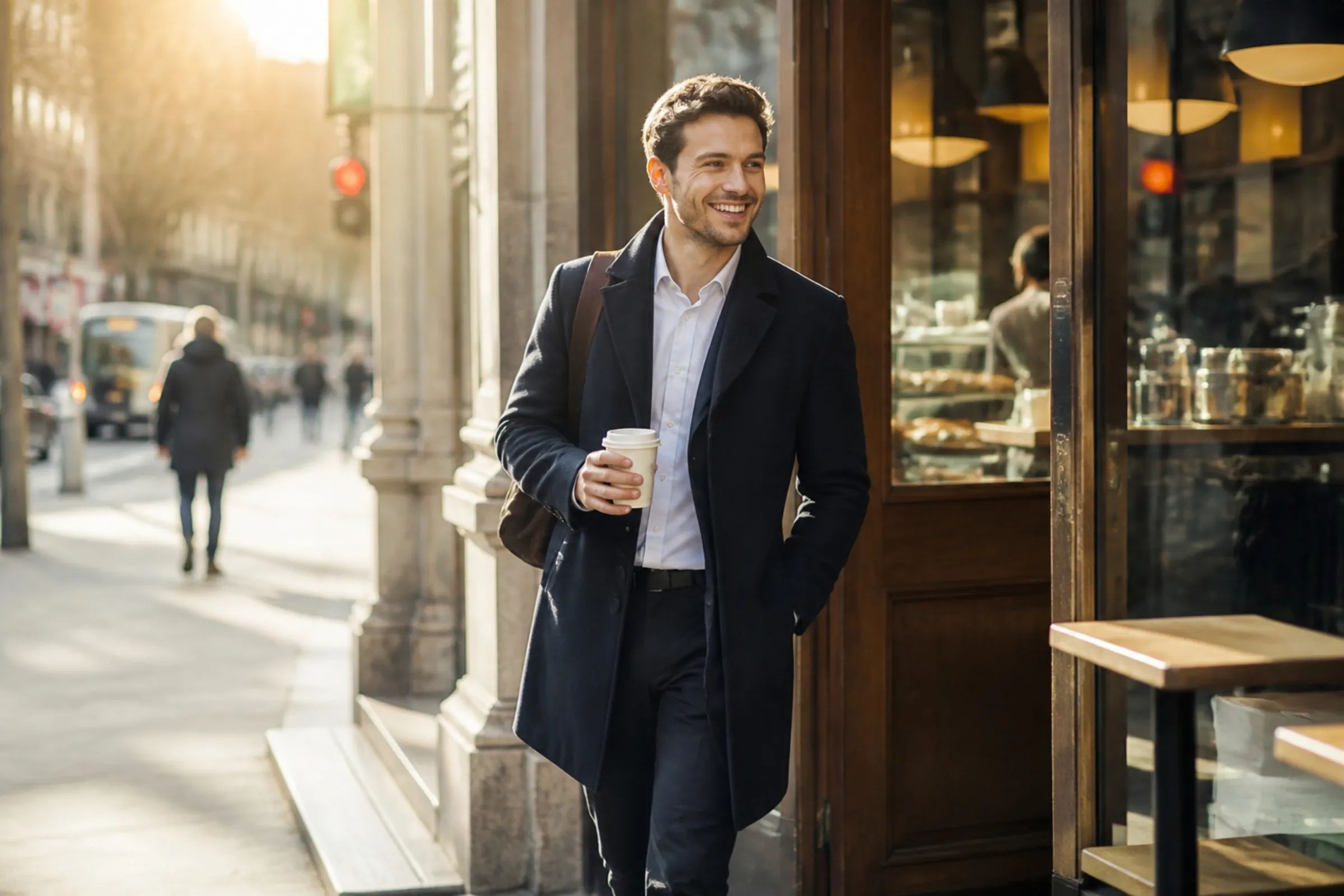 A customer smiling as he walks out of a café with his coffee
