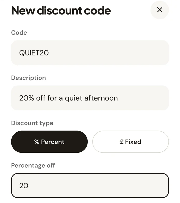 Creating a discount code in the SnappGo owner app: code QUIET20, 20% off for a quiet afternoon, percent or fixed discount