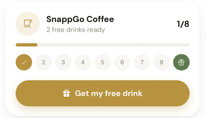 Close-up of the stamp card in the SnappGo app: SnappGo Coffee, stamps 1 to 8, Get my free drink button