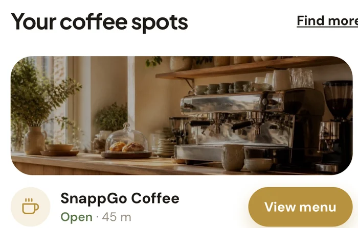 A shop card in the SnappGo app showing SnappGo Coffee, open, 45 metres away, with a View menu button
