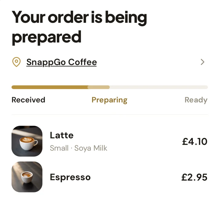 Close-up of order tracking in the SnappGo app: Your order is being prepared, received, preparing, ready, with a latte and an espresso