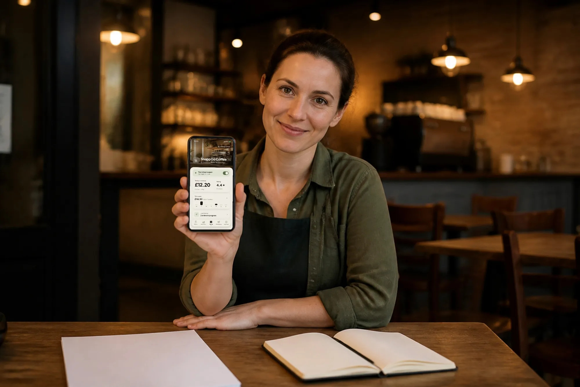 A café owner at a table holding up a phone showing the SnappGo owner app with today's revenue