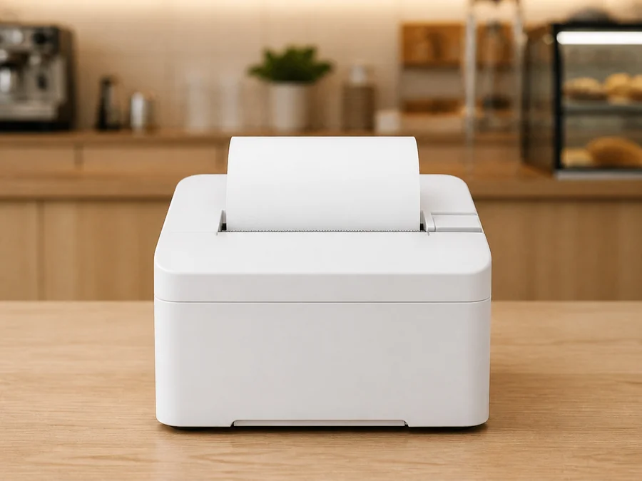 A small receipt printer on a café counter