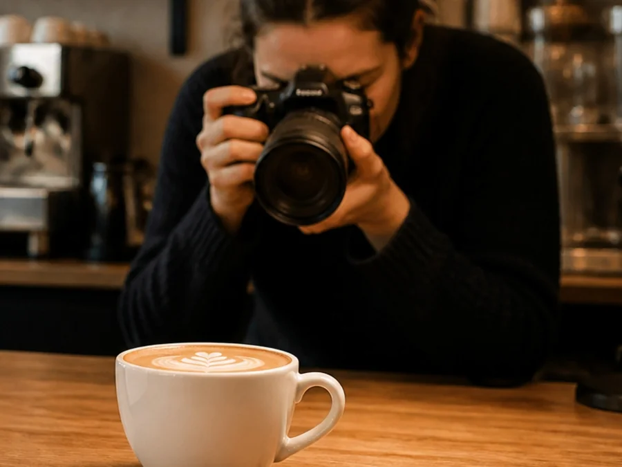 A photographer taking a picture of a latte on a café counter