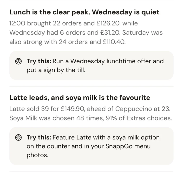 SnappGo AI insights: lunch is the clear peak and Wednesday is quiet, with a tip to run a Wednesday lunchtime offer