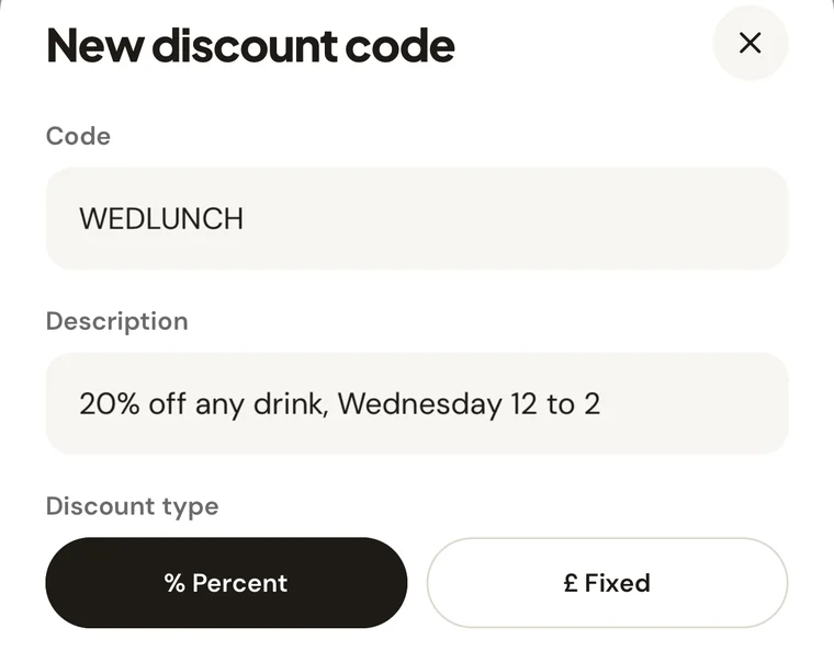 The New discount code screen with the code WEDLUNCH for 20% off any drink on Wednesday lunchtime