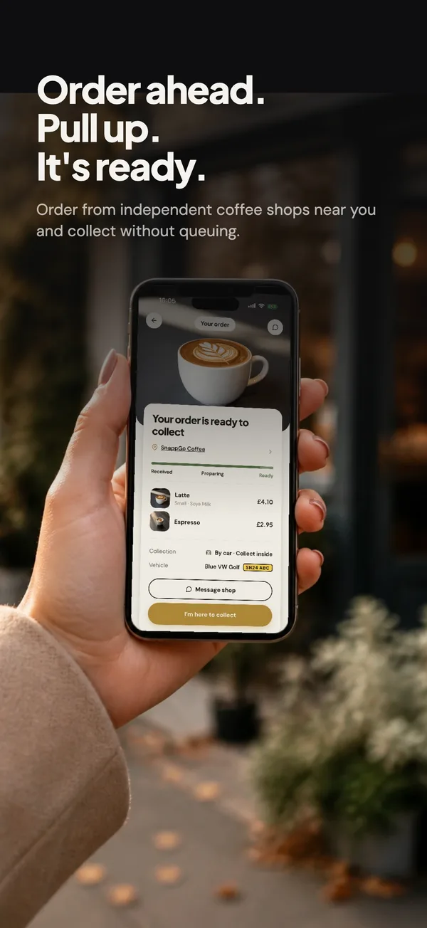 Order ahead. Pull up. It's ready.: A customer holding the SnappGo order ready screen outside a café