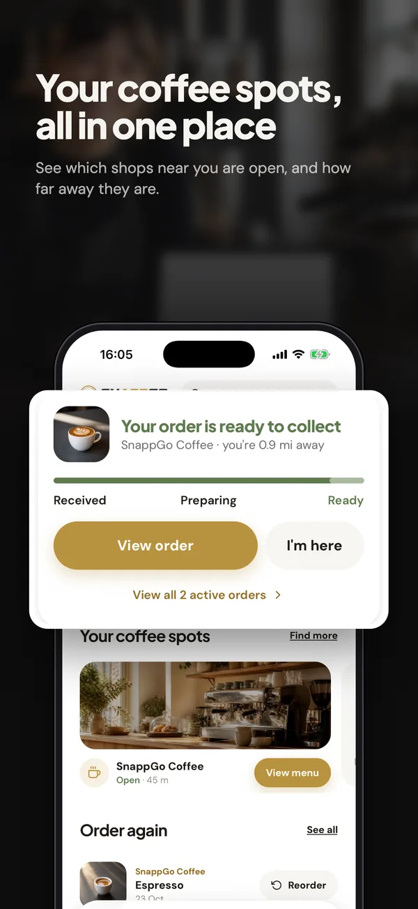 Your coffee spots, all in one place: SnappGo home screen with nearby coffee shops and an order ready to collect