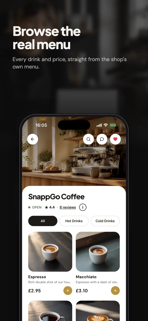 Browse the real menu: A shop menu in SnappGo with drink photos and prices
