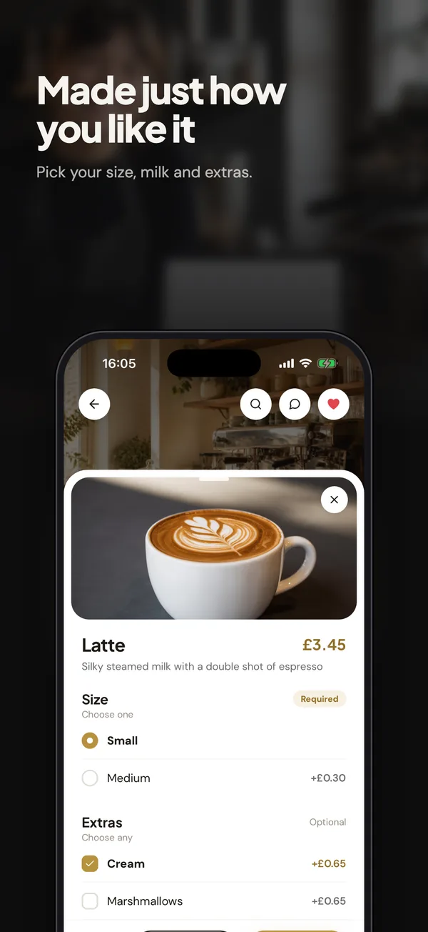 Made just how you like it: Choosing size, milk and extras for a latte