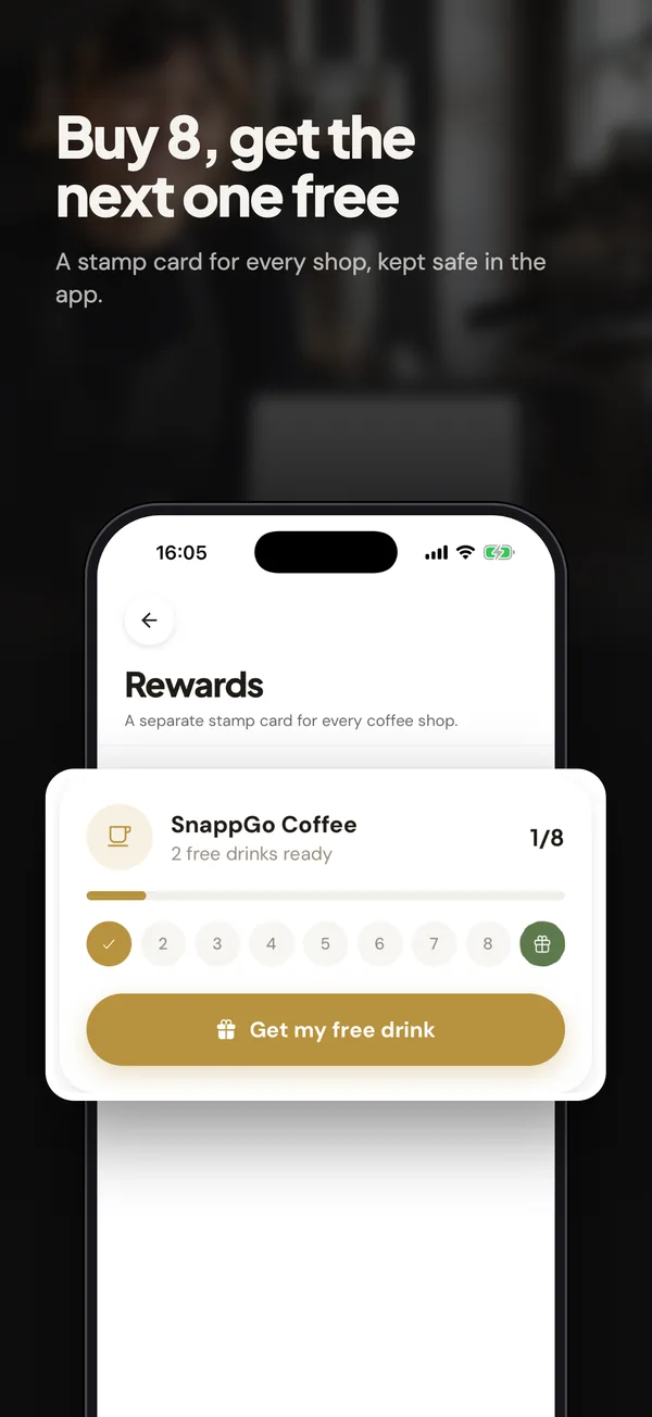 Buy 8, get the next one free: The SnappGo stamp card with a free drink ready to claim