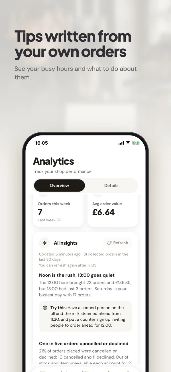 Tips written from your own orders: AI tips in the owner app about busy hours