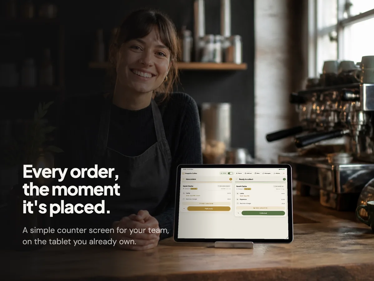 Every order, the moment it's placed.: A barista next to the SnappGo counter screen on a tablet