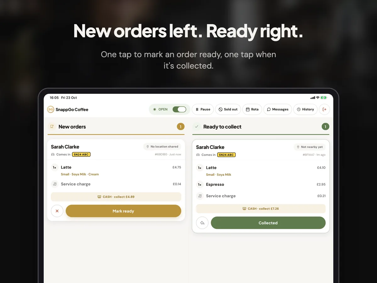 New orders left. Ready right.: The SnappGo counter screen with new orders and orders ready to collect