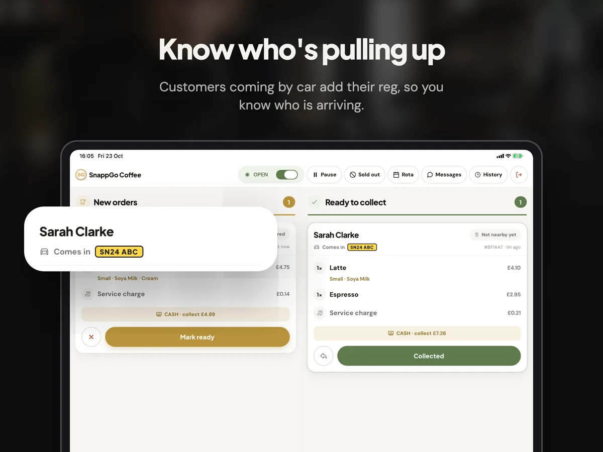 Know who's pulling up: Close-up of an order showing the customer's car registration