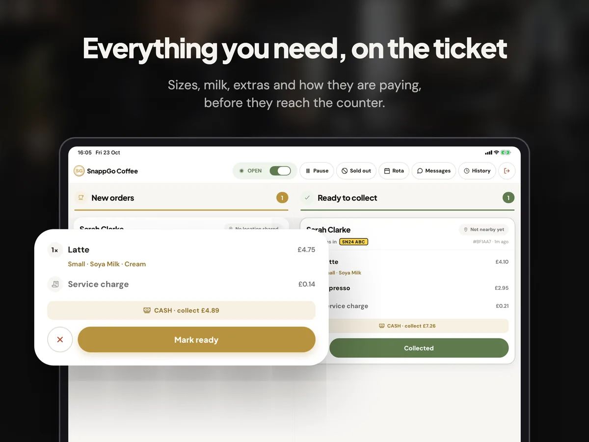 Everything you need, on the ticket: Close-up of an order ticket with drink options and the Mark ready button